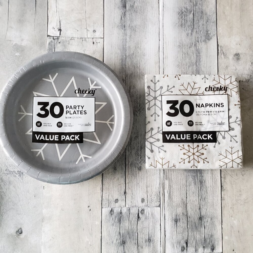 NWT - Sliver, Gold and White Snowflake Set of 30 Paper Plates and Paper Napkins